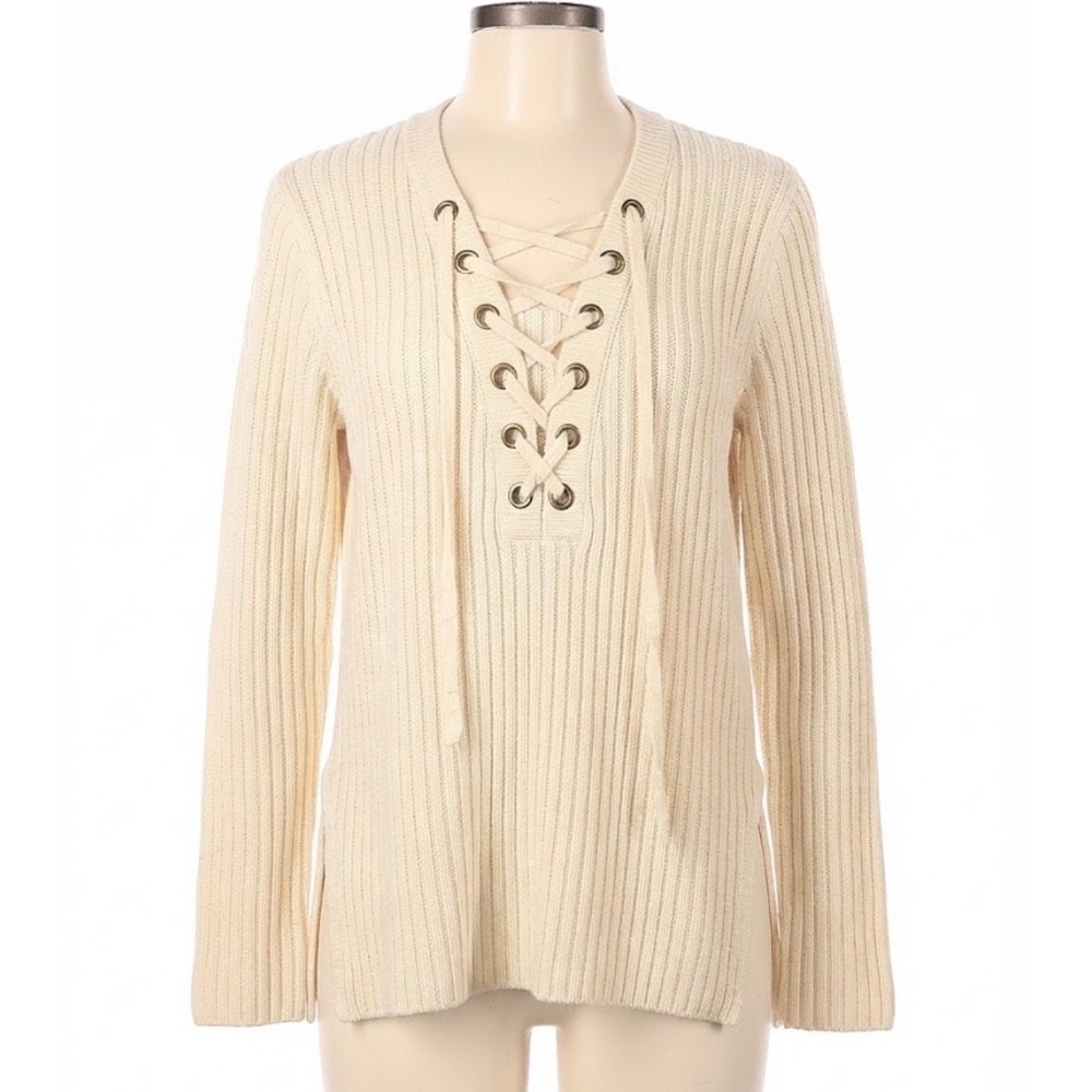 Torn by Ronny Kobo Cream Ribbed Lace Up Front Cotton Sweater Size M